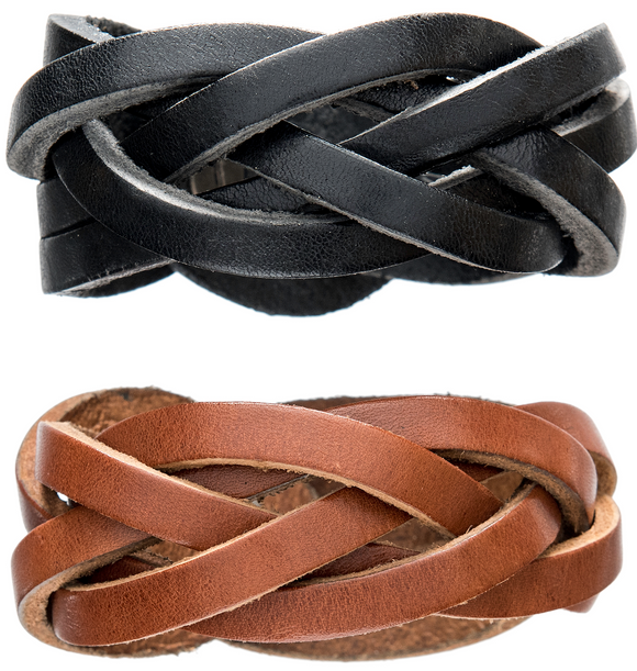 Black and brown unisex braided leather cuffs.
