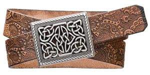 Celtic Knot buckle on a Paisley Embossed natural tan leather strap. 