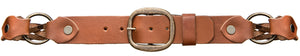 Brown leather braided brass ring belt. 